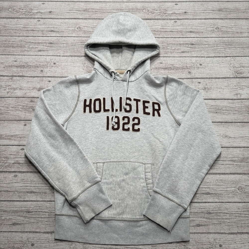 Y2K Hollister Hoodie Mens Medium Gray Applique Logo Fleece Lined Pullover Lounge